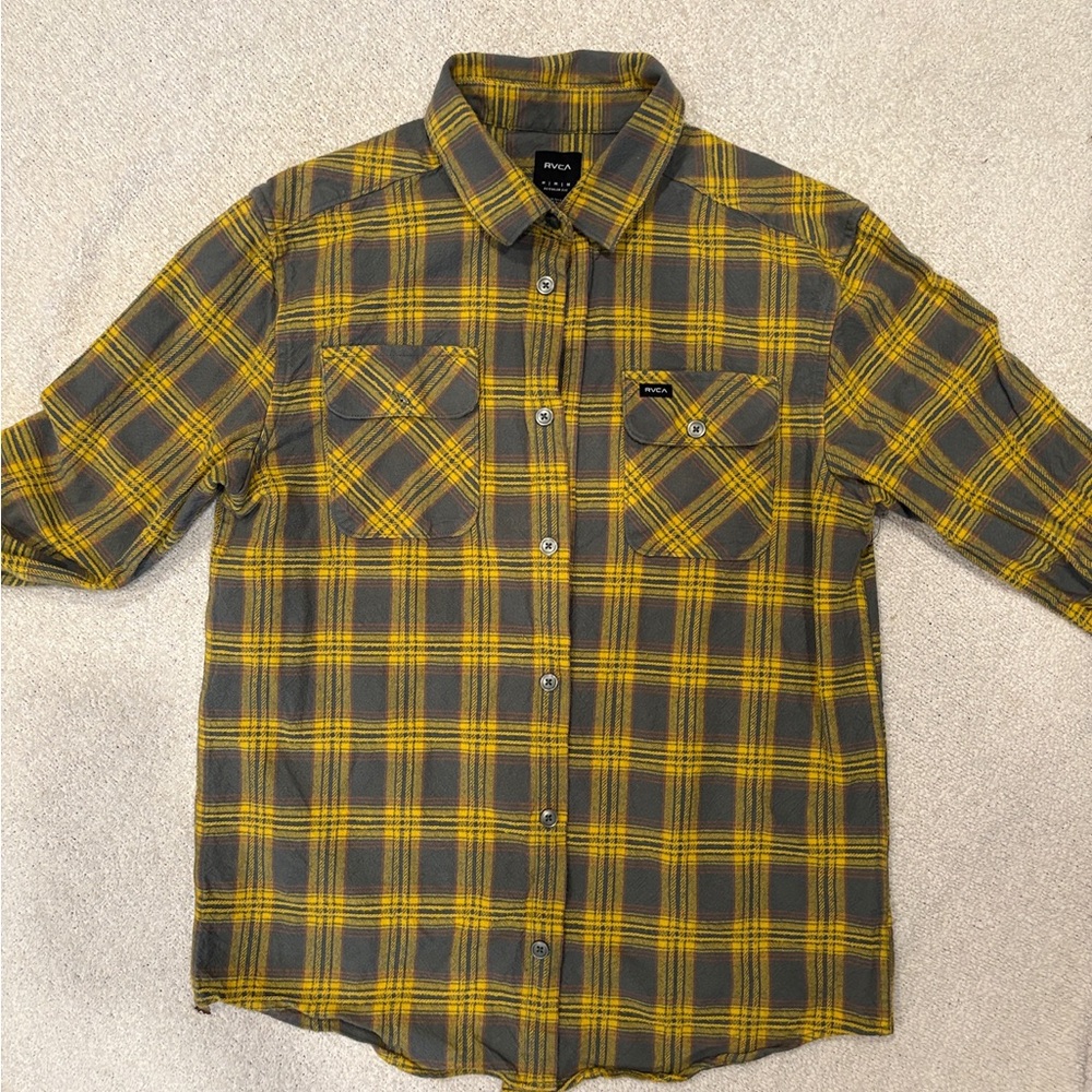 RVCA Men's Yellow and Gray Plaid Shirt